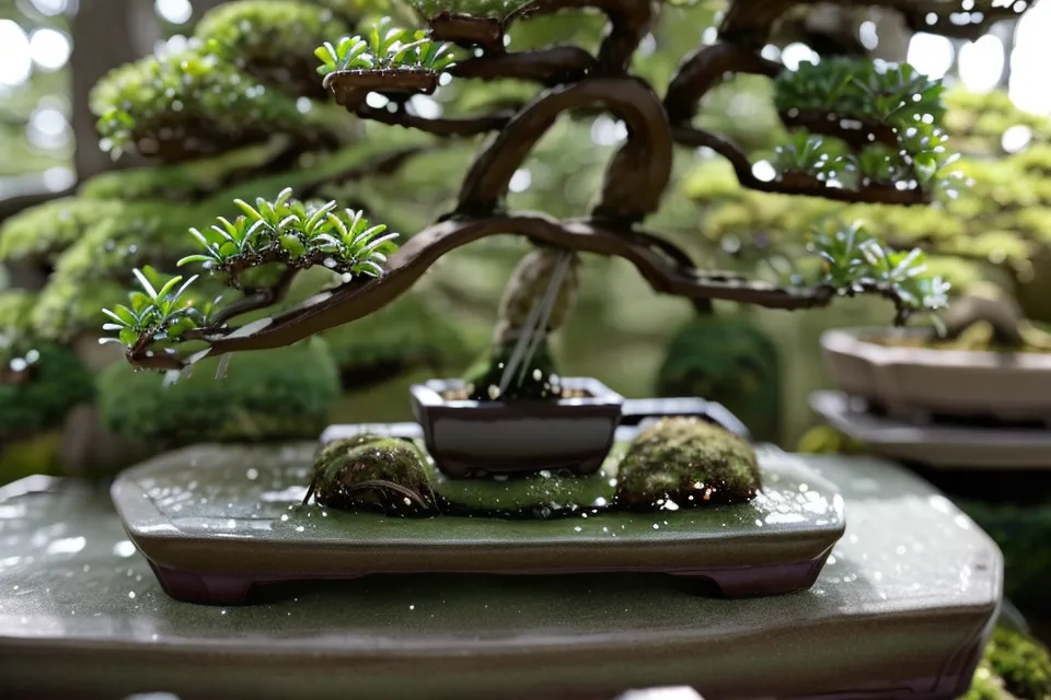 Trace de fil de ligature sur une branche de pin blanc japonais bonsai, repère pour surveiller la ligature