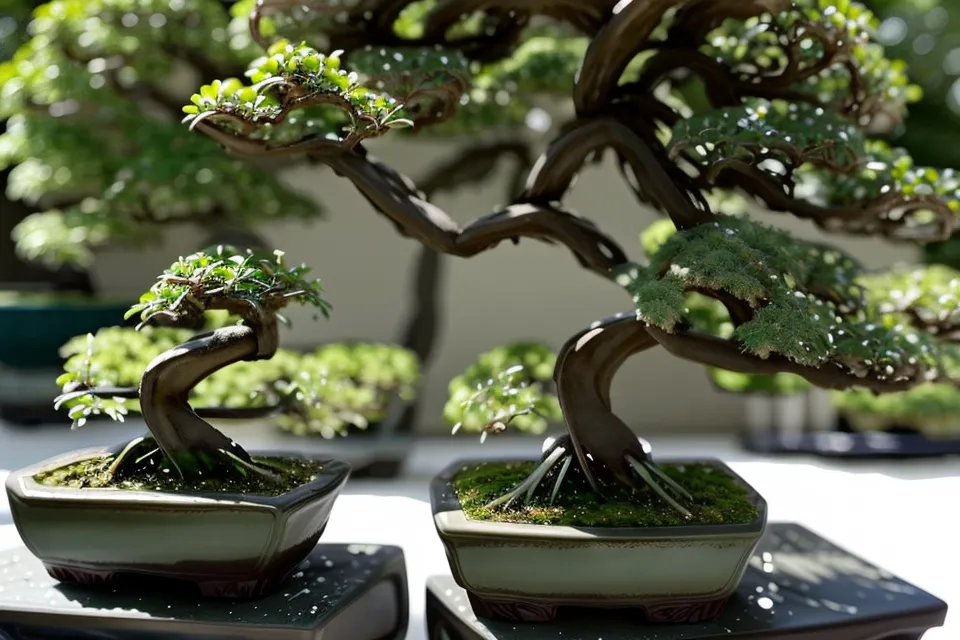 Feuilles vertes d'un ficus microcarpa bonsai en entretien près d'une fenêtre