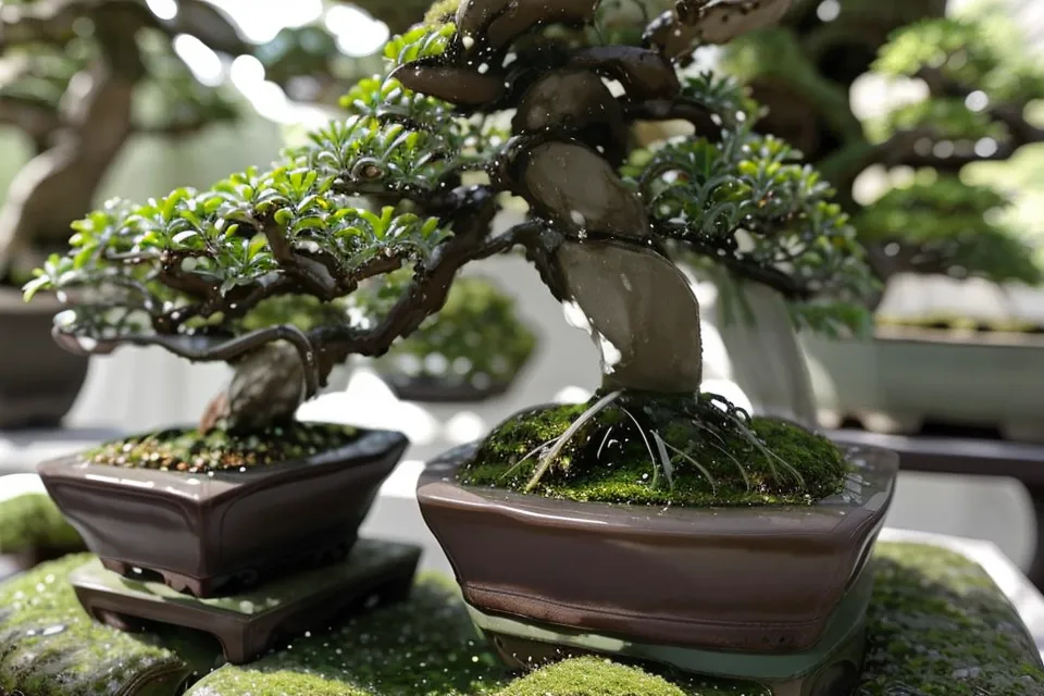 Main effleurant le tronc d'un bonsai pour débutant, un geste d'entretien attentif