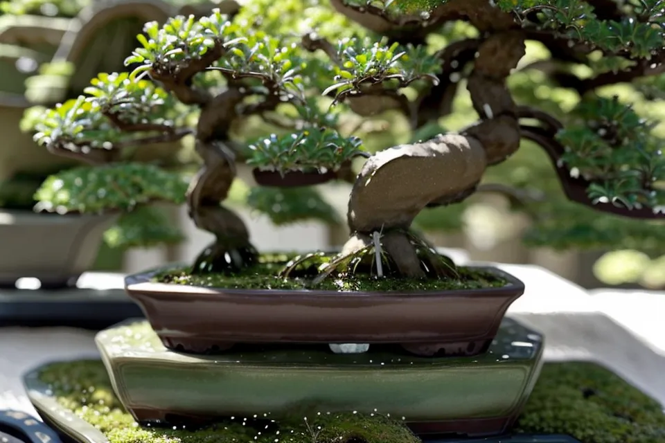 Bourgeon vert émergeant sur un ficus microcarpa bonsai, signe de bien-être végétal
