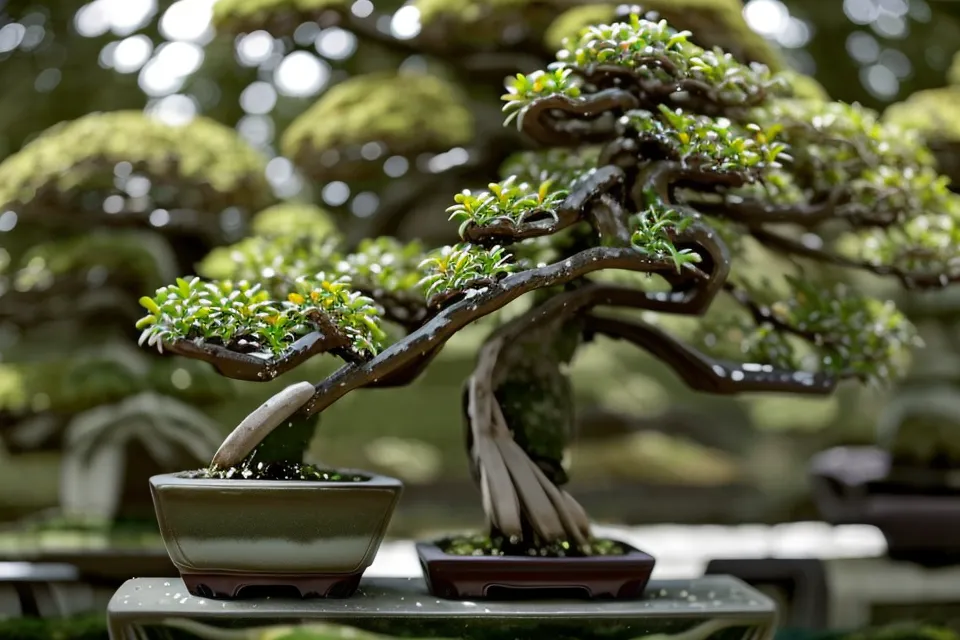 Bonsai ficus microcarpa installé à l'ombre légère dans un jardin, entretien estival pour débutant