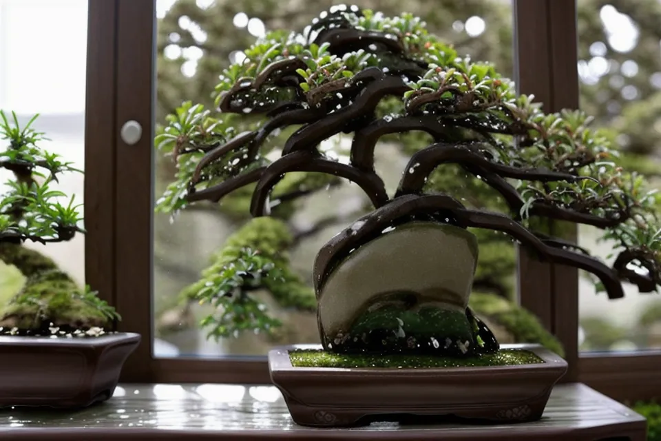 Givre sur les aiguilles d'un genévrier bonsai en extérieur, signe d'une dormance hivernale bien installée