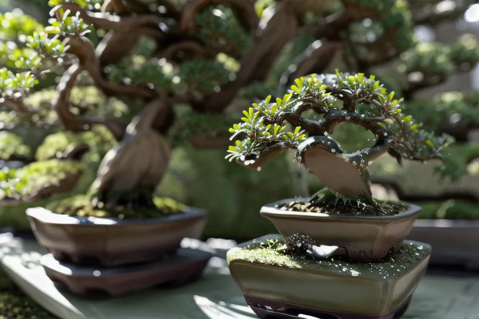 Pincement à la main des jeunes pousses d'un genévrier bonsai, geste de patience végétale au printemps