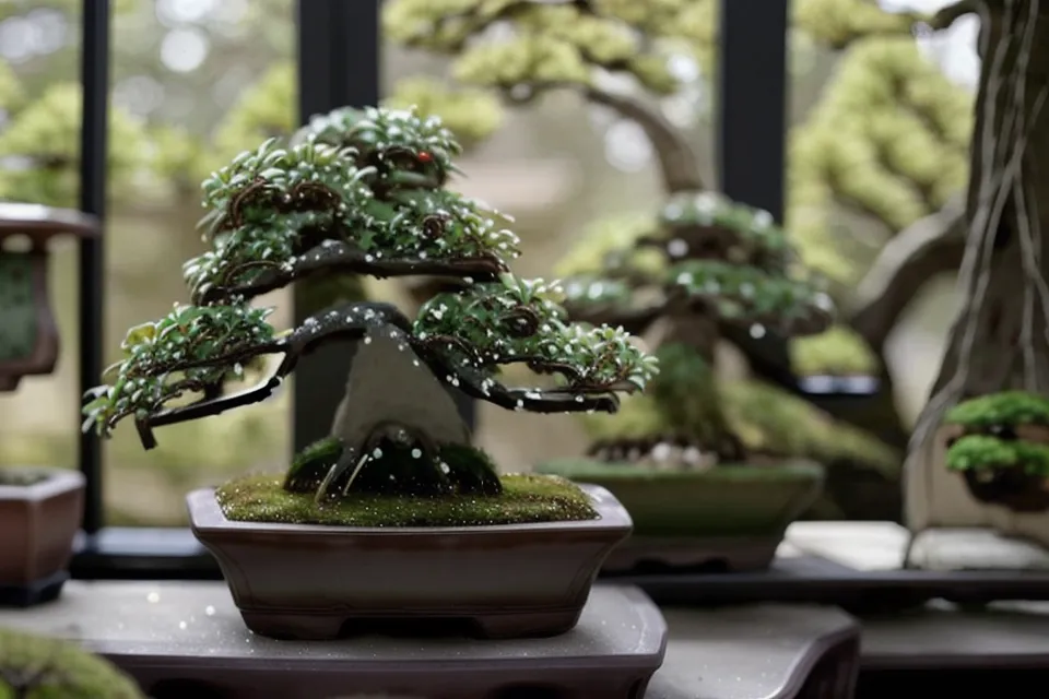 Genévrier bonsai en extérieur posé sur pouzzolane humide pour tenir la chaleur de l'été