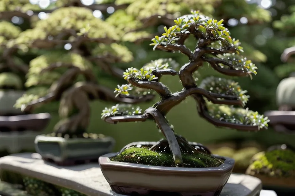 Carnet d'entretien bonsai, livre et outils près du genévrier en extérieur à la fin de l'été