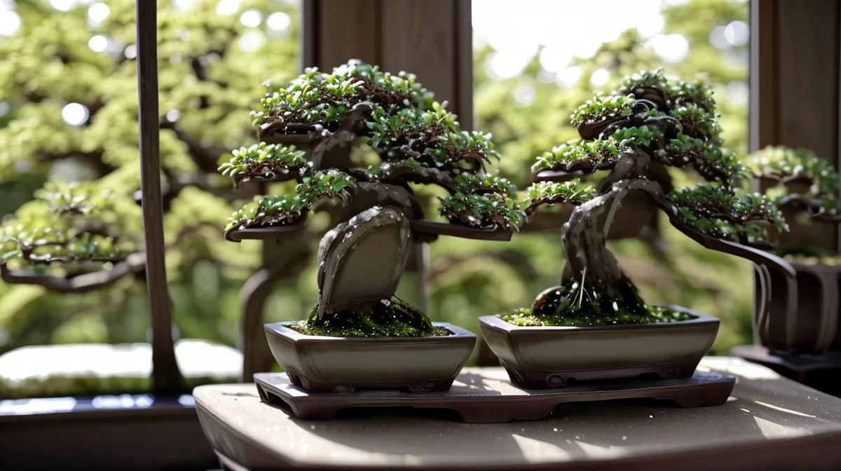 Bonsai débutant chez soi : genévrier au repos sur une étagère, un geste d'entretien des plantes qui ralentit la journée