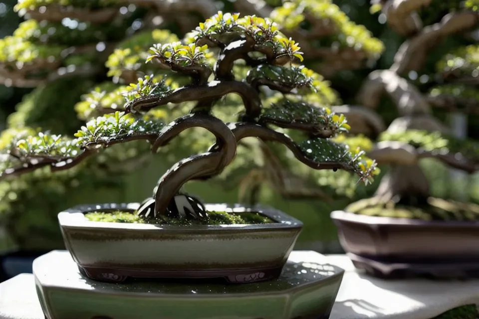Main touchant une branche nue de bonsaï à côté d'un carnet de suivi pour débutant en bonsai