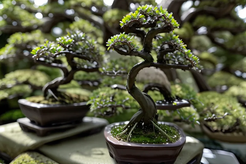 Branche de bonsai après effeuillage total, pétioles encore accrochés sur l'érable du Japon