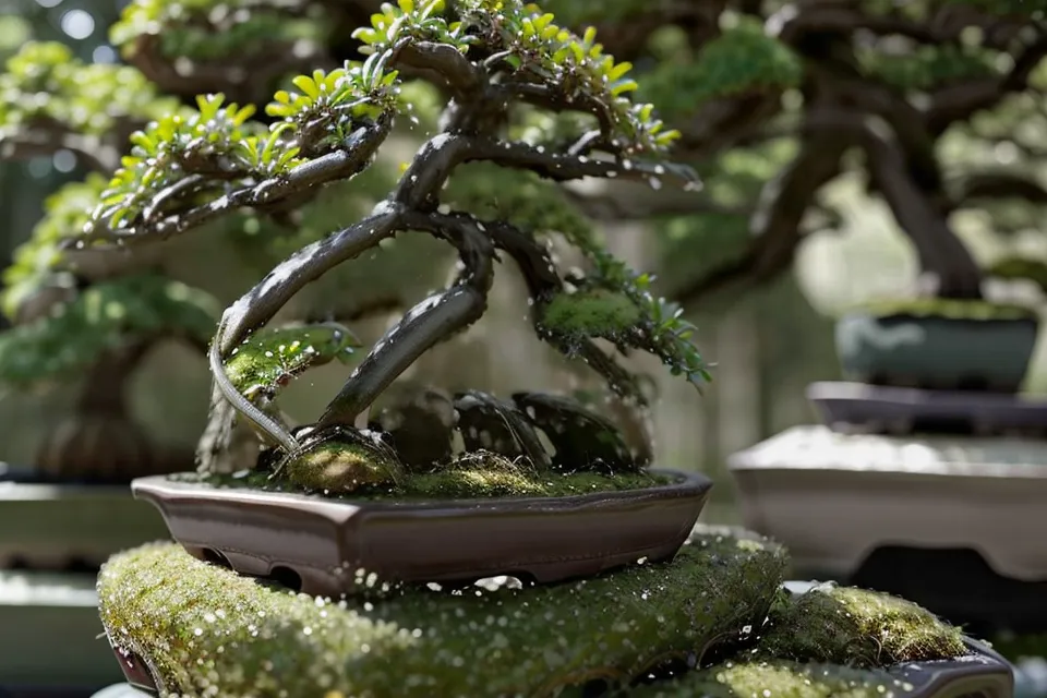 Coin de jardin en été avec plusieurs bonsais en entretien, pause avant techniques d'été