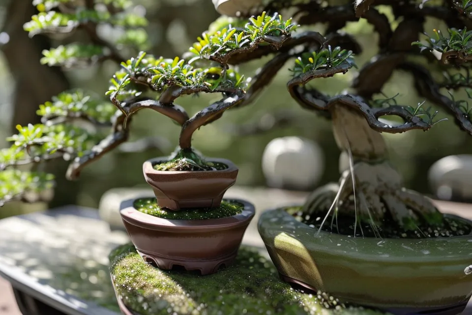 Gros plan sur l'écorce d'un tronc de bonsai et une jeune branche, détail utile pour reconnaître un style bonsaï