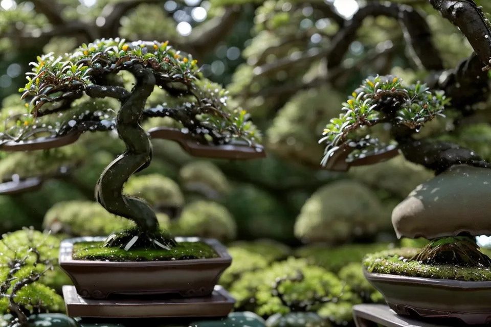 Trois styles de bonsai différents disposés sur une étagère en bois, illustrant l'harmonie des styles bonsai et l'esthétique japonaise