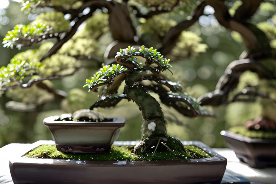 Brumisation d'un bonsai de style penché (Shakan) sous la lumière dorée, geste d'entretien pour débutant