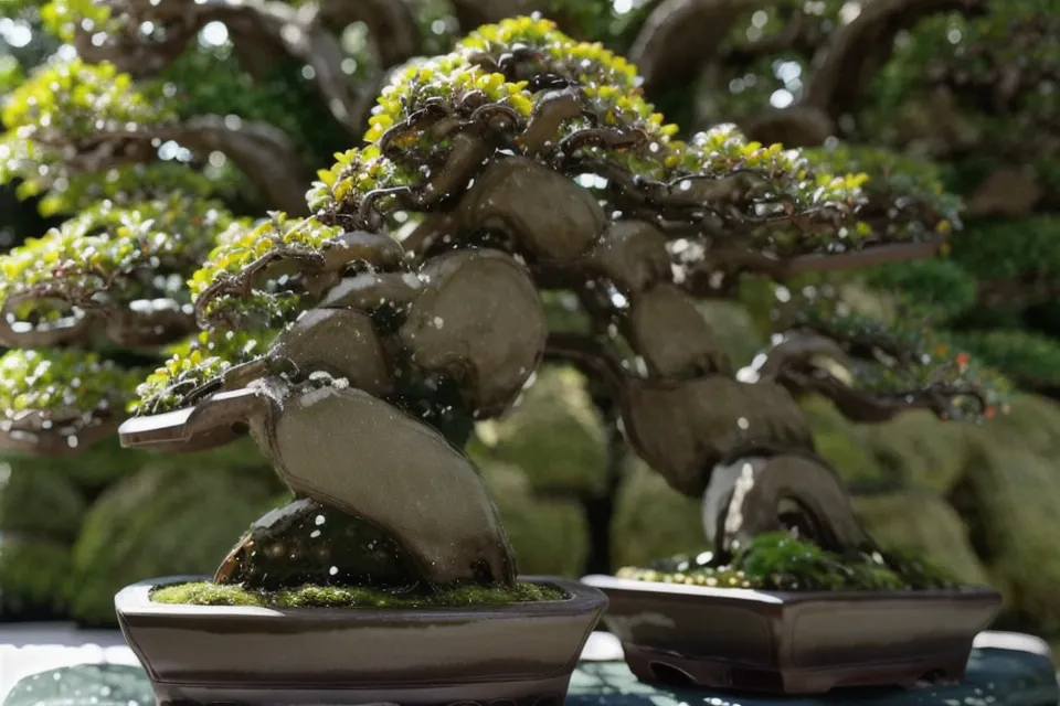 Feuilles opposées et décussées d'un buis bonsaï couvertes de rosée, repère utile pour un bonsai débutant