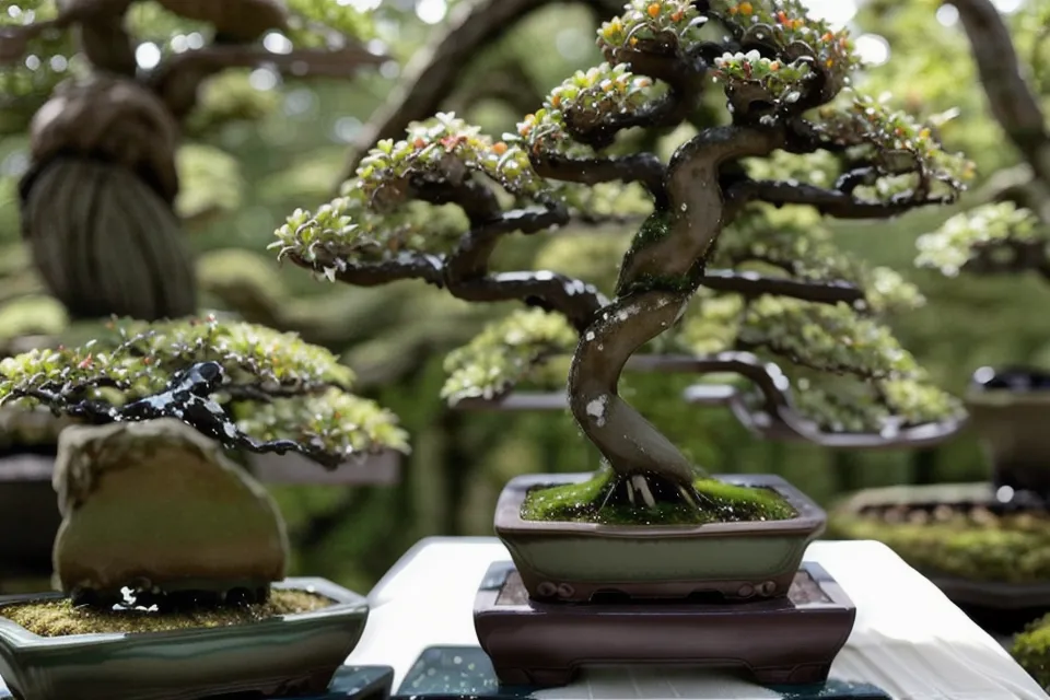 Mains examinant le feuillage d'un buis bonsaï dans un jardin, geste au cœur d'une philosophie du jardin apaisée