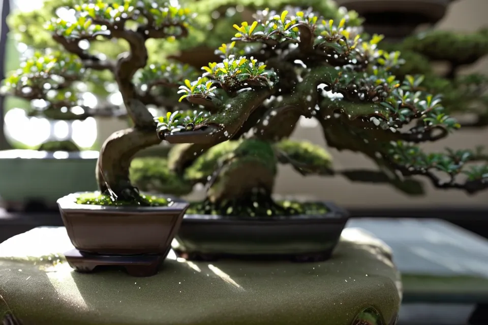 Petits pots de boutures de bonsai sous une cloche transparente, patience nécessaire à l'entretien bonsai