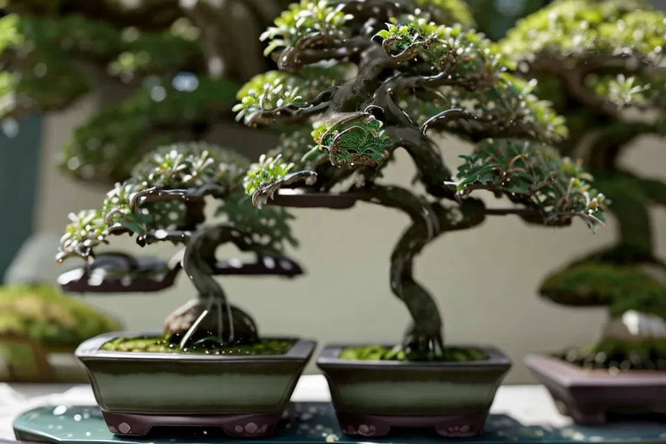 Un crassula ovata bonsai installé à l'intérieur pour l'hiver, dans une ambiance chaleureuse propice au bien-être intérieur.