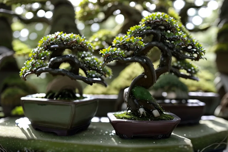 Plusieurs petites boutures de crassula ovata bonsai commençant à pousser dans de petits pots, pour multiplier ses arbres.