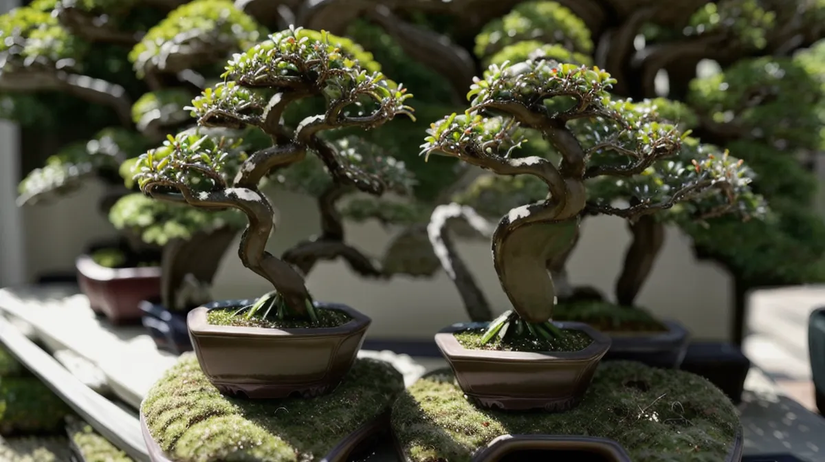 Taille de structure du bonsai pour un débutant hésitant, ciseaux posés près d'un genévrier avant la coupe