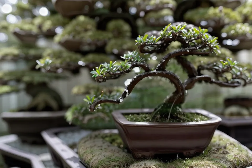 Coupe fraîche de taille de structure sur une branche de bonsai, résine de genévrier encore visible
