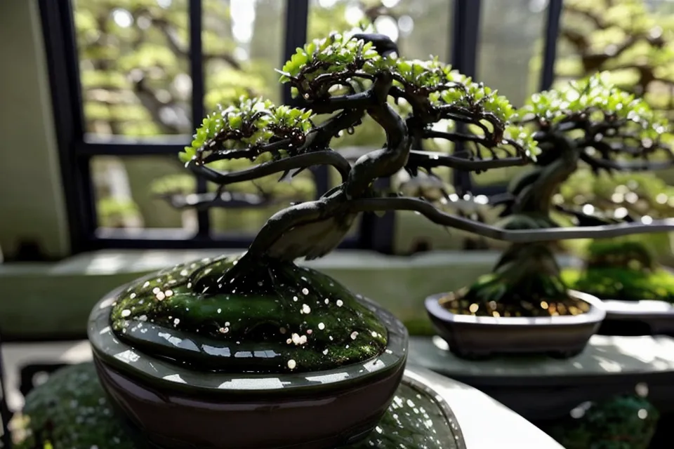 Bonsai genévrier bien structuré sous le soleil de juin, résultat d'une taille de structure patiente