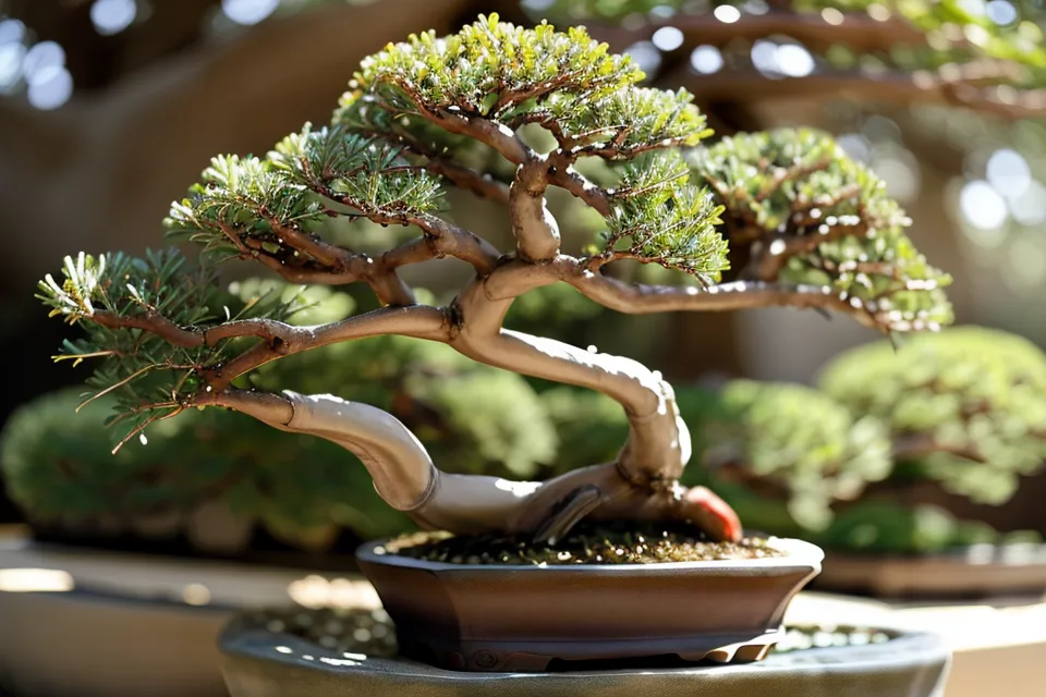 Détail d'une ligature en cuivre sur une branche de bonsai