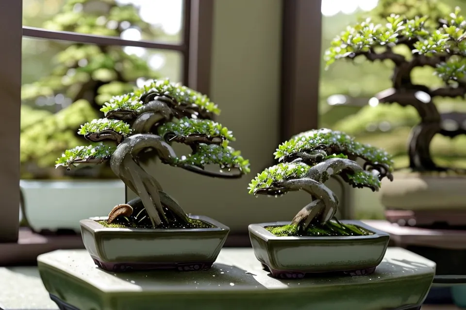 Bonsai sur un plateau d'humidité près d'une fenêtre en automne