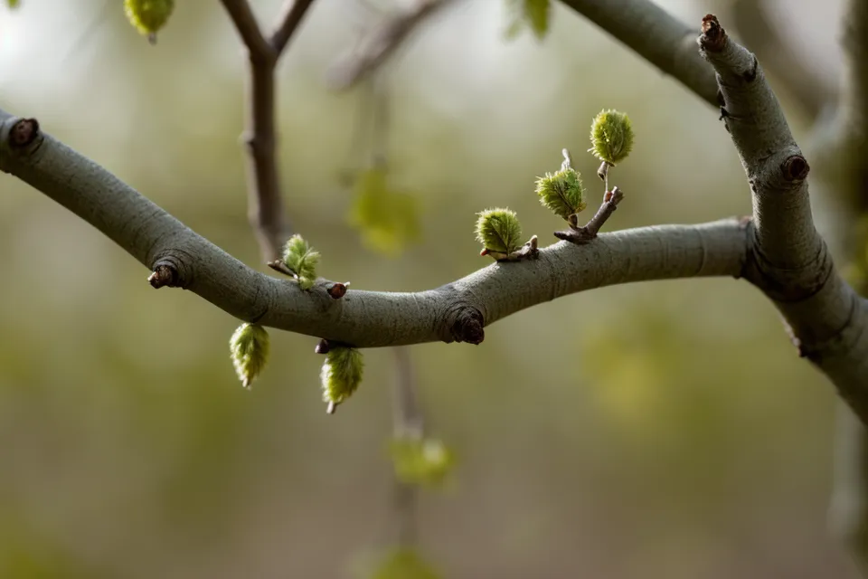 Nouveaux bourgeons verts apparaissant sur une branche de bonsai en cours de formation