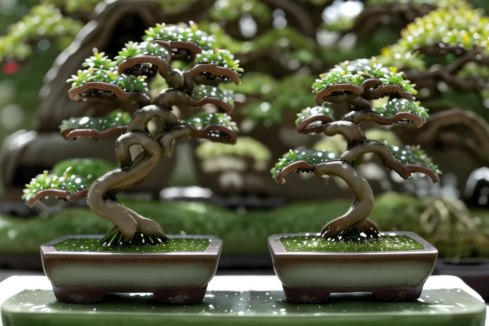 Gros plan d'eau stagnante à la surface d'un substrat de bonsai compacté, signe d'un mauvais mélange de terre