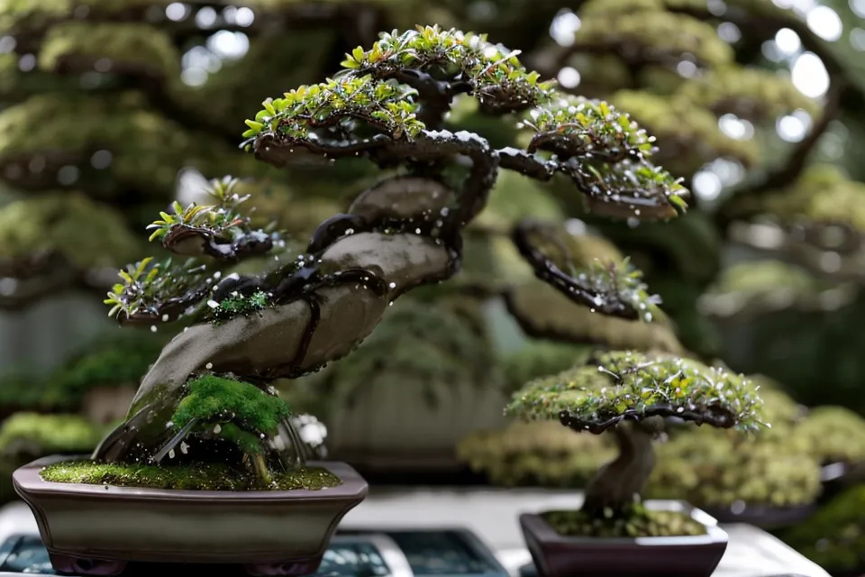 Petit bonsai en intérieur citadin lumineux, où le mélange de terre doit s'adapter au manque d'humidité ambiante