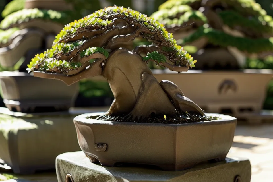 Pot de bonsai en terre cuite surchauffé sur un dallage en plein soleil, risque pour un bonsai débutant en extérieur