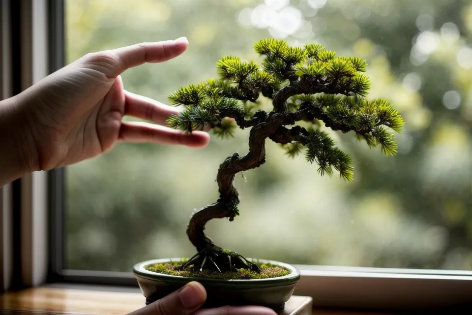 Brumisation du feuillage d'un bonsai pour compenser une exposition au soleil trop intense pendant l'entretien d'été