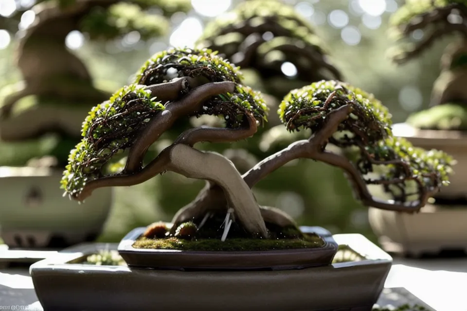 Nouvelles pousses souples sur un bonsai bien exposé au soleil, résultat de soins extérieur réguliers