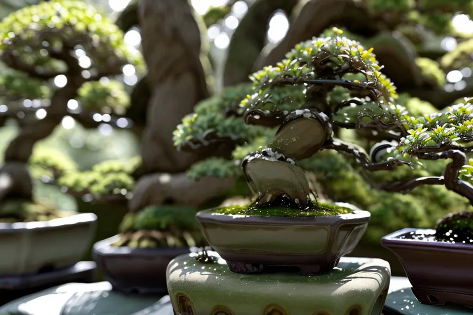 Panier d'engrais lent posé sur la mousse d'un pot de bonsai débutant