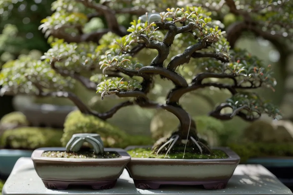 Coin de jardin avec plusieurs bonsais entretenus à l'engrais naturel et lent